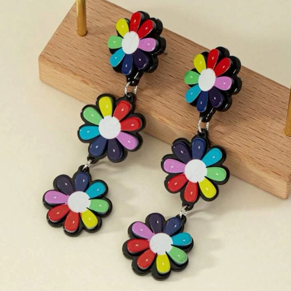 Retro, Geo Multi Colors Flower Power Drop Boho, Hippie, 80’s Fun Earrings - Picture 1 of 6